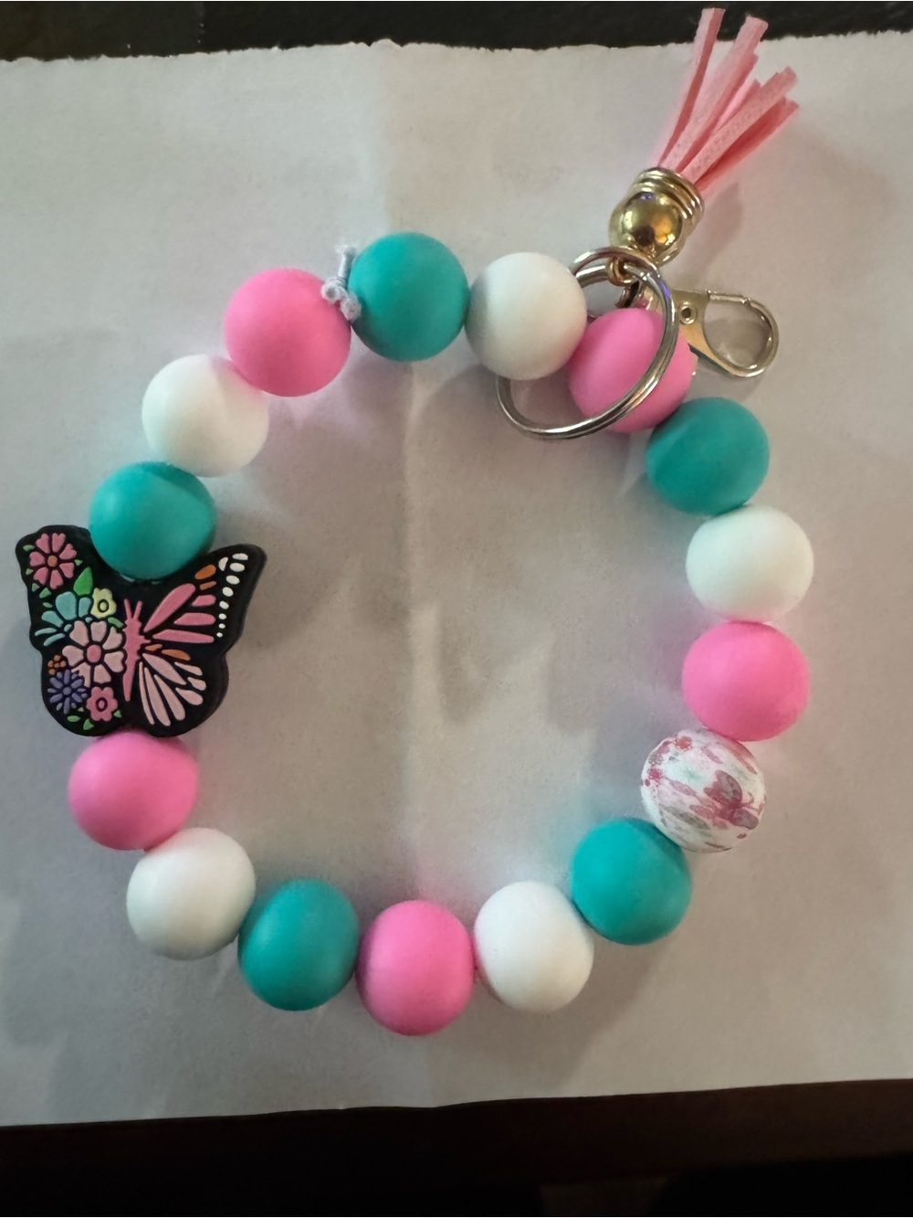 Kids Pink White Teal Butterfly Beaded Wristlet Keychain